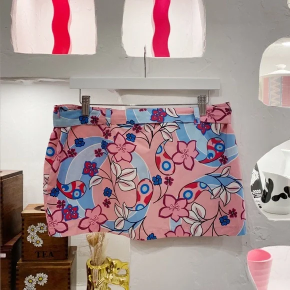 Vintage Y2K Pink and Blue Floral Belted Mini Skirt - Picture 3 of 4